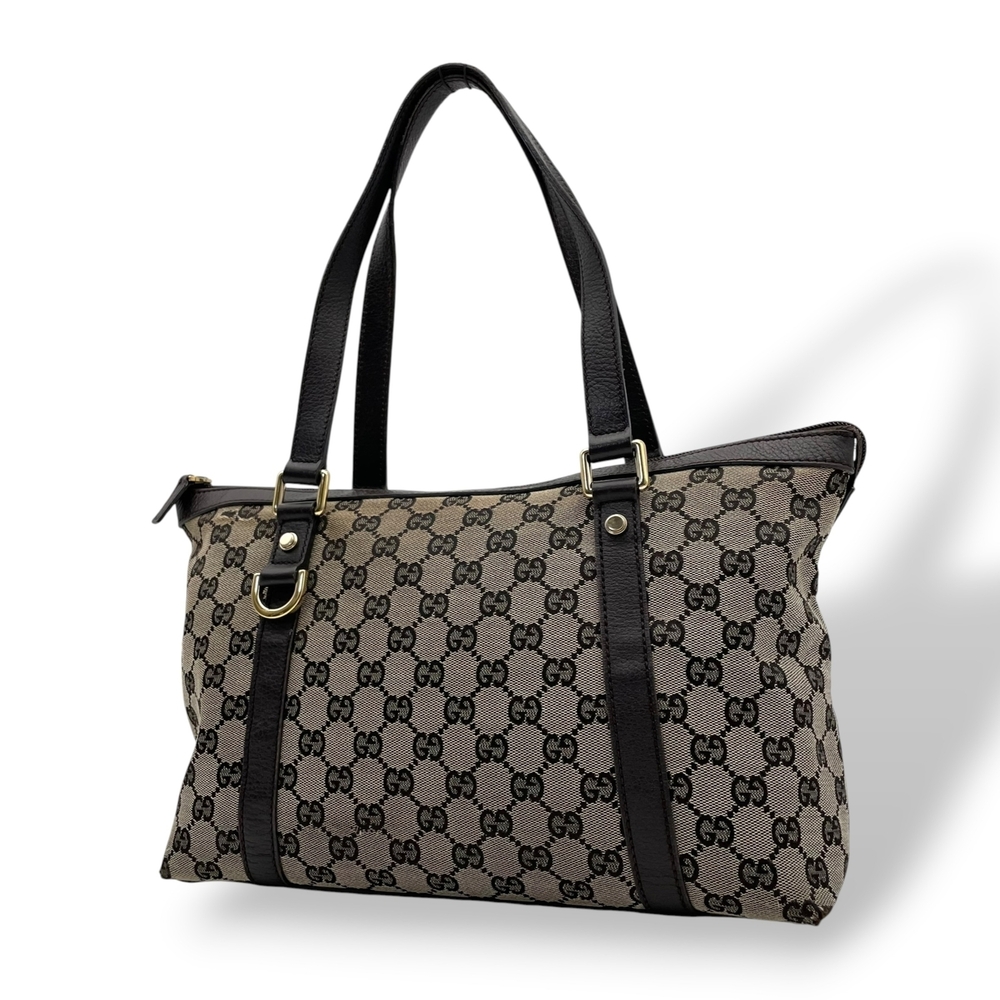 GUCCI GG Canvas Leather Tote Bag Shoulder Bag, Gray/Dark Brown, Gold Hardware...